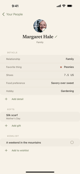 Endearly person details screen