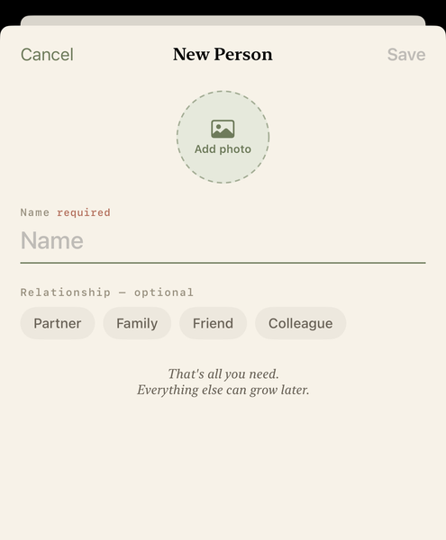 Endearly Quick Add screen